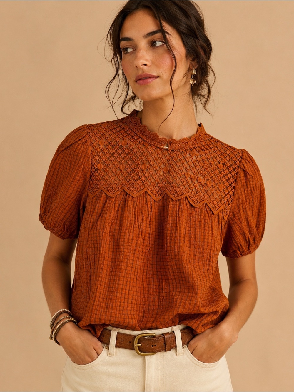 Anthropologie Style Woven Crochet Yoke Puff Sleeve Top - Rust - MINE